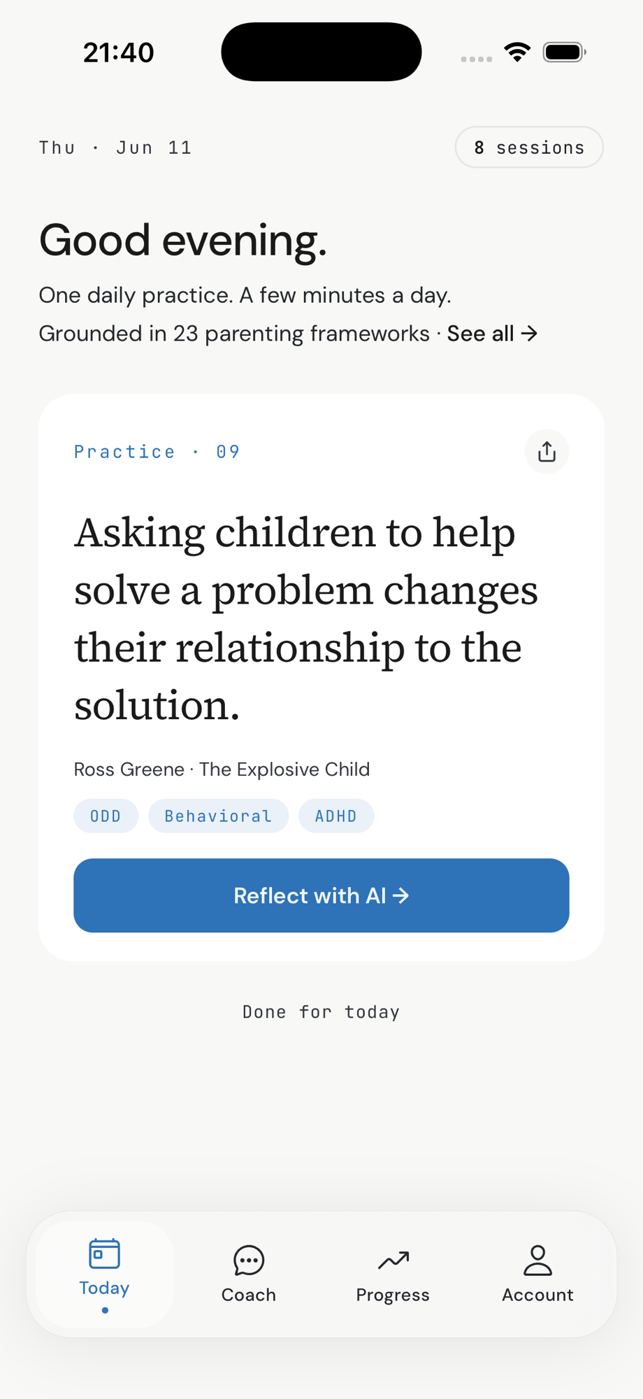 ParentsWise app showing today's parenting practice